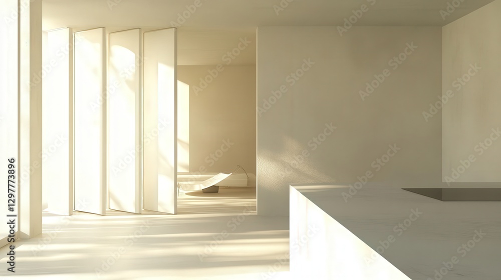 minimalist kitchen with smooth white counters and a folding screen next to a white wall. minimalist kitchen with smooth white counters and a folding screen next to a white wall.