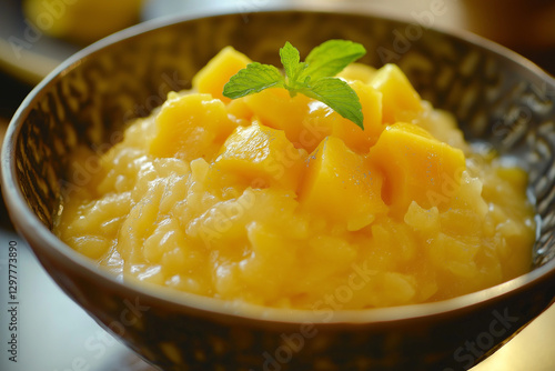 Bowls of mashed potatoes, potatoes, and potato soup served as a meal with various dishes including rice, vegetables, cheese, and sauce for a healthy vegetarian breakfast or lunch photo