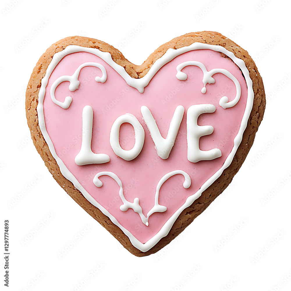 Pink heart shaped cookie with word LOVE on white background. Valentine's day celebration.PNG Pink heart shaped cookie with word LOVE on white background. Valentine's day celebration.PNG