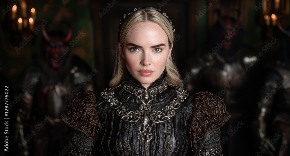 Portrait of a woman in a dark fantasy setting with demonic figures in the background. Portrait of a woman in a dark fantasy setting with demonic figures in the background.