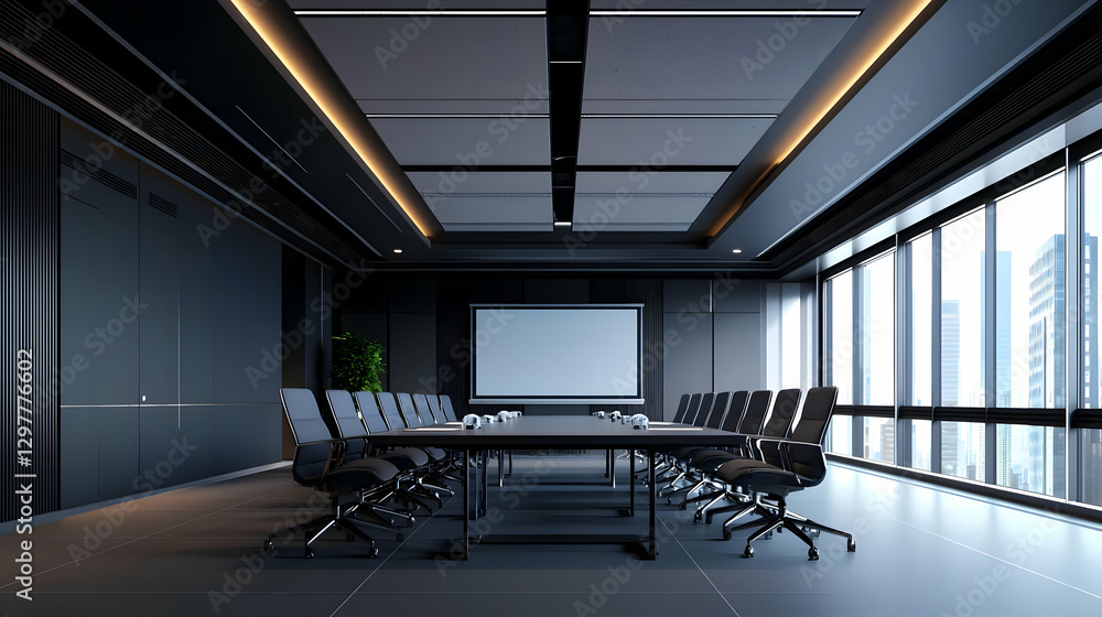Modern Conference Room Interior with Long Table and Panoramic City View Modern Conference Room Interior with Long Table and Panoramic City View