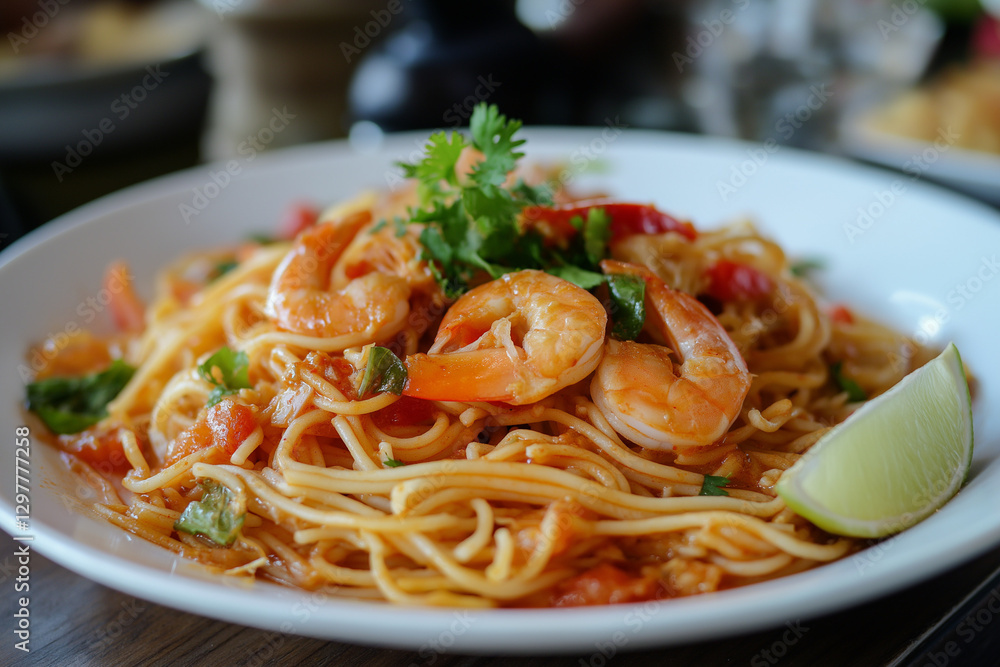 Delicious spaghetti dishes with seafood, shrimp, and chicken served with a variety of fresh vegetables, herbs, and tomato sauce, perfect for lunch or dinner