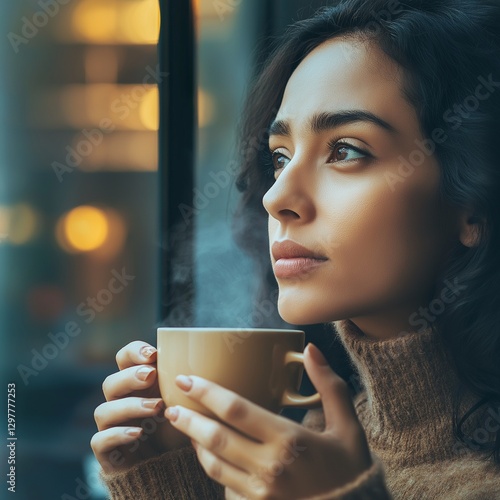 Una mujer hispana intenta tomar café caliente. Mirando hacia el frío exterior. photo