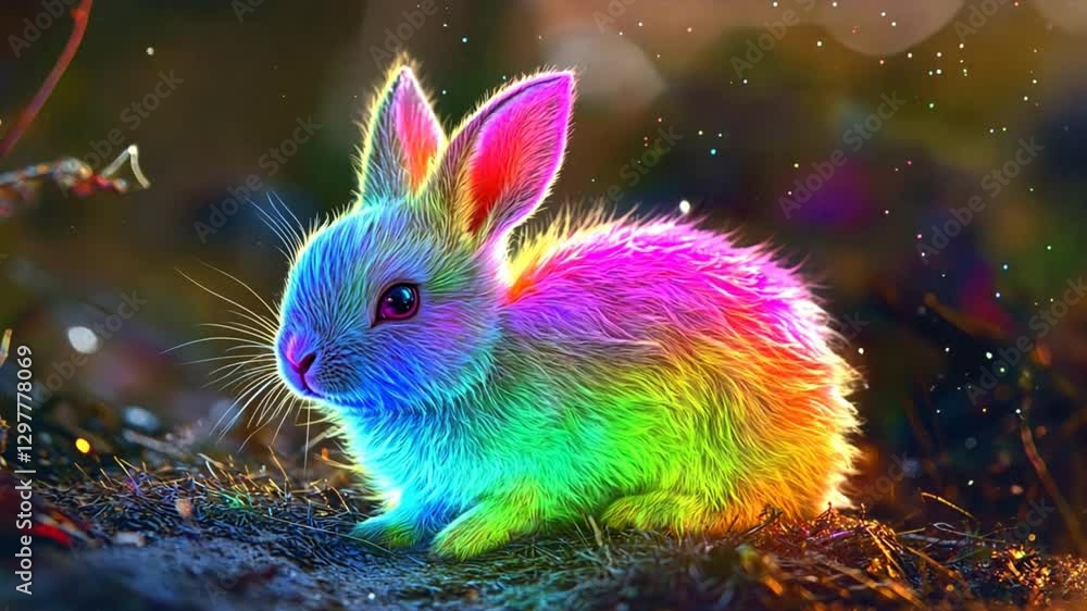 Rainbow Rabbit: An enchanting, colorful rabbit with a vibrant coat of rainbow hues perches amidst a soft, dreamy, and illuminated background, creating a captivating, fantasy-like scene. Rainbow Rabbit: An enchanting, colorful rabbit with a vibrant coat of rainbow hues perches amidst a soft, dreamy, and illuminated background, creating a captivating, fantasy-like scene.