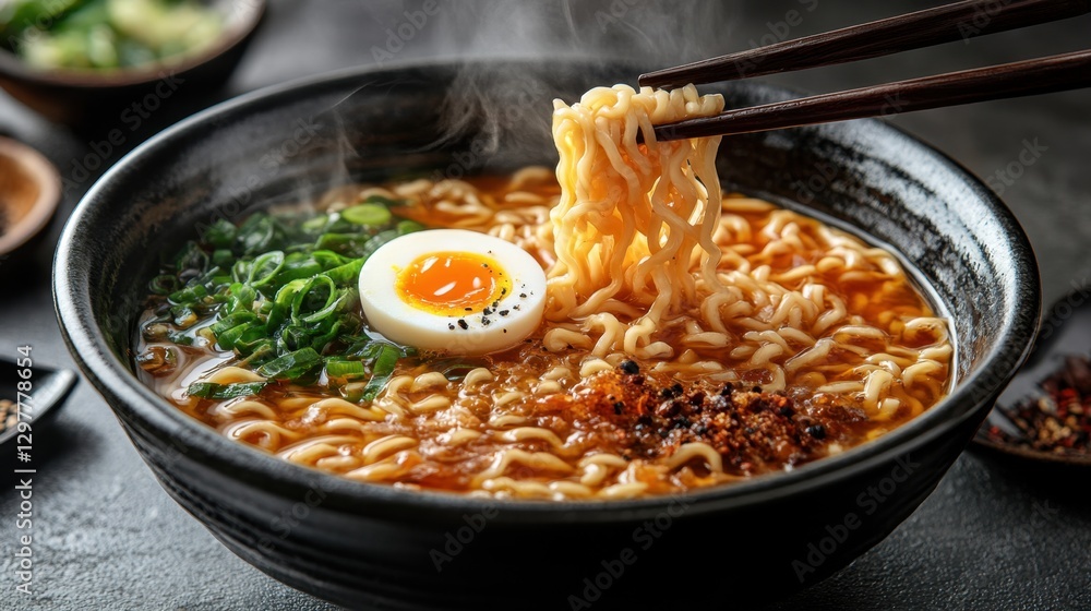 Bowl filled with cooked ramen noodles with vegetables and broth on a wooden table Bowl filled with cooked ramen noodles with vegetables and broth on a wooden table