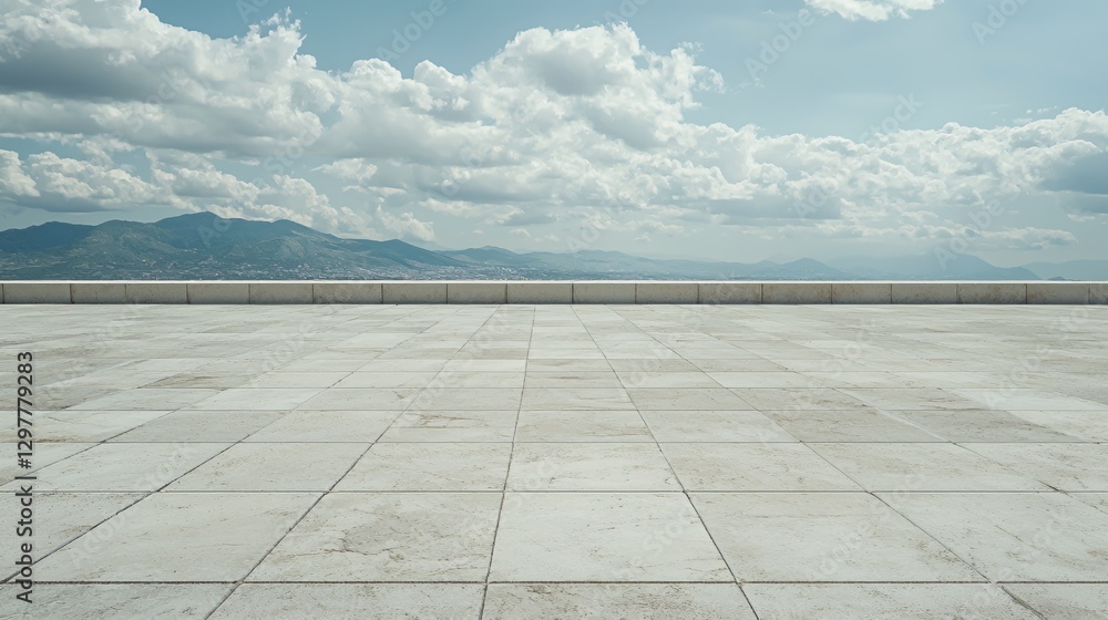 Empty Plaza Overlooking City and Mountains Under a Blue Sky Empty Plaza Overlooking City and Mountains Under a Blue Sky