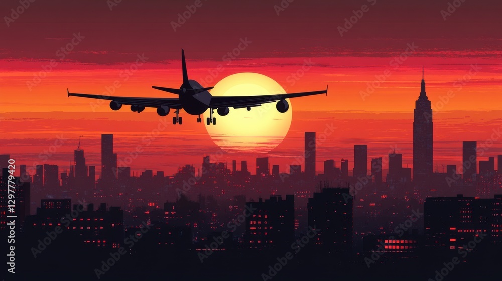 Naklejka premium Sunset Flight Over City Skyline