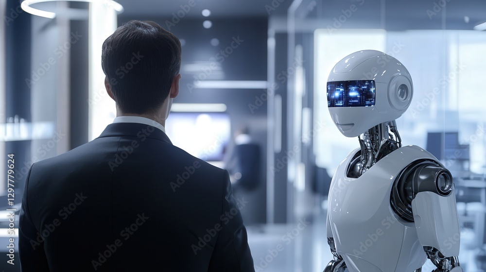 office setting where AI technology assists a businessman in making better business decisions. office setting where AI technology assists a businessman in making better business decisions.