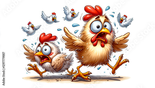 Watercolor Clipart of Funny cartoon crazy panicked chickens. Watercolor clipart illustration isolated on a white background