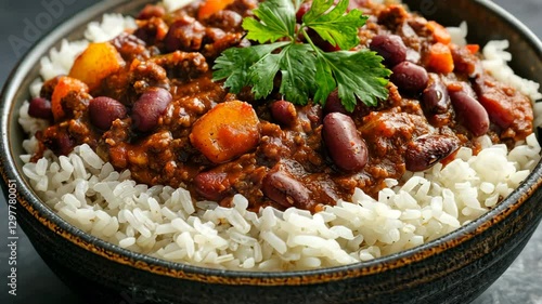 Chili con carne with rice in a bowl, generative AI