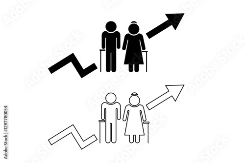 高齢夫婦のアイコンと右肩上がりの矢印のイラスト―高齢者数の増加イメージ