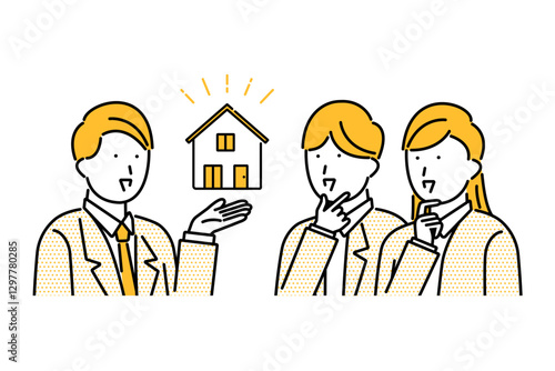 家づくり相談会のイメージイラスト―住宅を提示するビジネスマンと若い夫婦