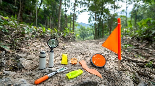 Wallpaper Mural A photo of emergency signaling equipment including a whistle signal mirror and bright orange flag placed on a rough forest trail showcasing essential gear for outdoor rescue in the wilderness Torontodigital.ca
