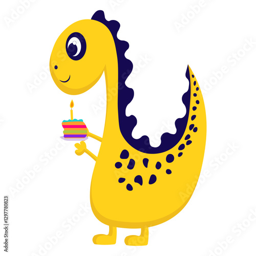 Birthday card with a picture of a yellow dinosaur on a white background with a piece of cake.