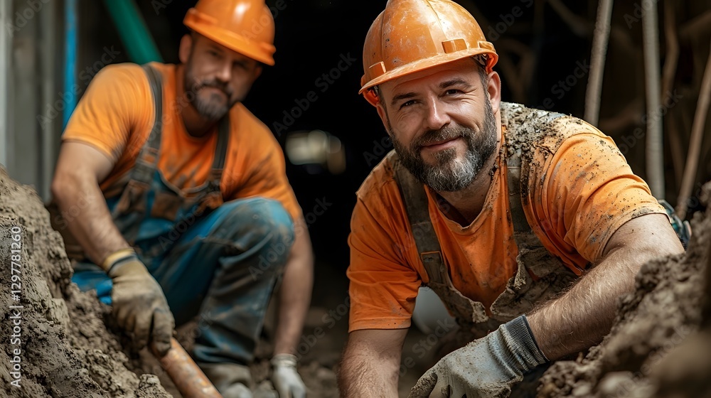 A team of workers installing a new water pipeline system in a city A team of workers installing a new water pipeline system in a city