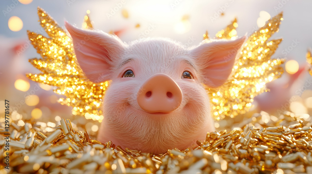 Fototapeta premium Cute Pig with Angel Wings Surrounded by Golden Coins and Sparks