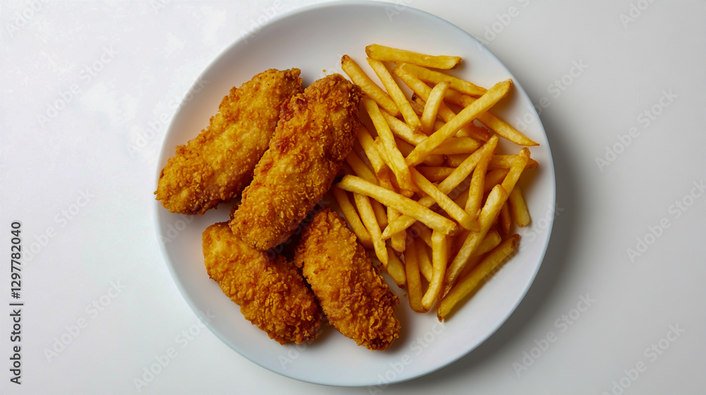 Chicken strips and fries on a white plate, top view, isolated on a white background. Chicken strips and fries on a white plate, top view, isolated on a white background.