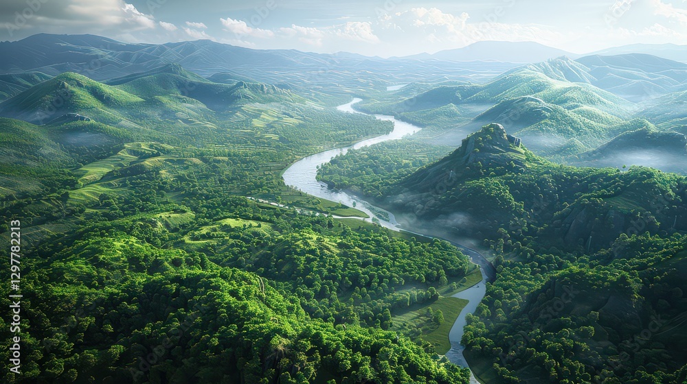 Fototapeta premium Aerial view of a winding river cutting through green valleys.