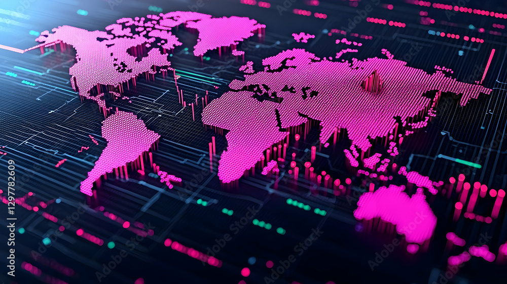 Obraz premium Digital World Map with Neon Pink Data Points and Circuit Pattern