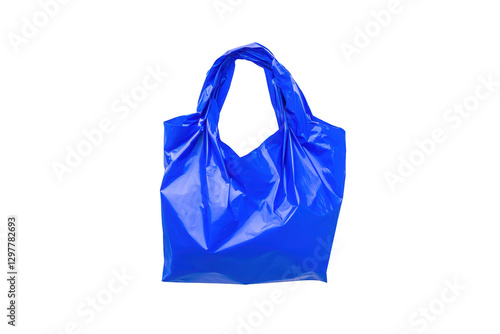 vibrant blue plastic bag with handles, ideal for shopping or storage. Its glossy surface reflects light, showcasing its color and texture. Perfect for eco friendly initiatives