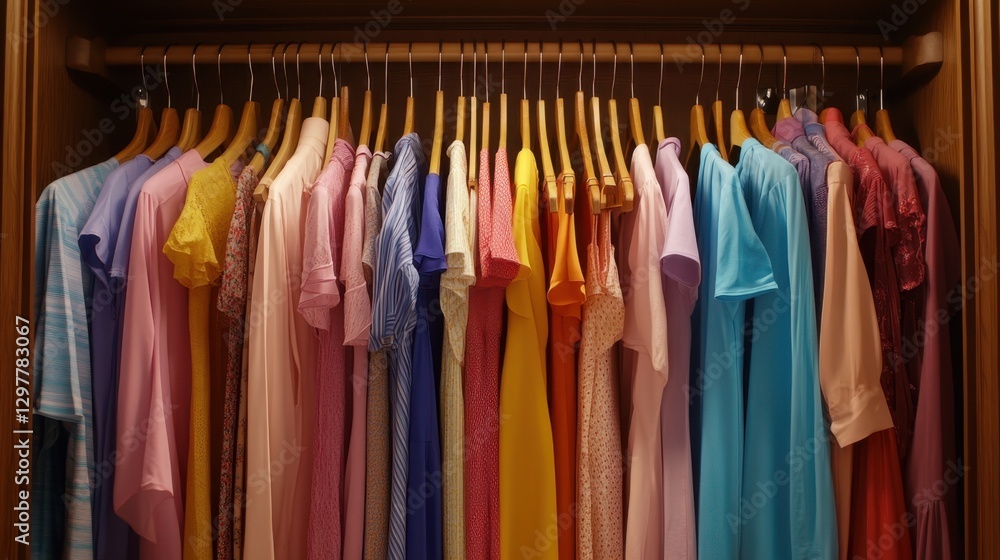Stack of neatly folded t-shirts in various pastel colors, placed on a wooden table.