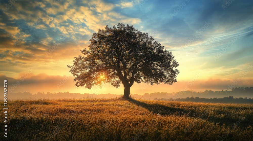 Single tree in field during colorful sunset sky. Single tree in field during colorful sunset sky.