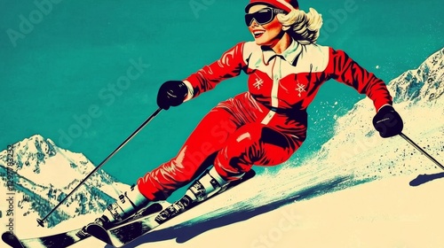 This vintage artwork conveys the excitement and thrill of winter sports.