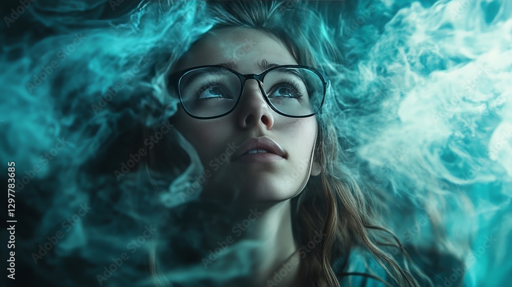 Woman looking up surrounded by smoke in a dark room Woman looking up surrounded by smoke in a dark room