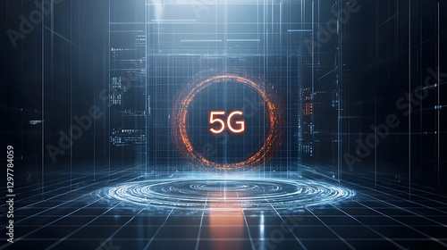 digital art rendering featuring a glowing 5G logo within a futuristic digital grid surrounded by dynamic light trails symbolizing innovation high speed wireless technology photo