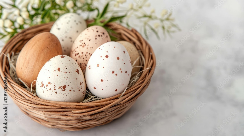 Easter egg basket in spring decoration A rustic basket with speckled eggs and greenery on a light background. Easter egg basket in spring decoration A rustic basket with speckled eggs and greenery on a light background.