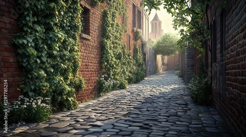charming cobblestone street where ivy climbs brick walls in the spring