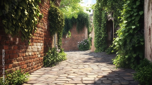 charming cobblestone street where ivy climbs brick walls in the spring