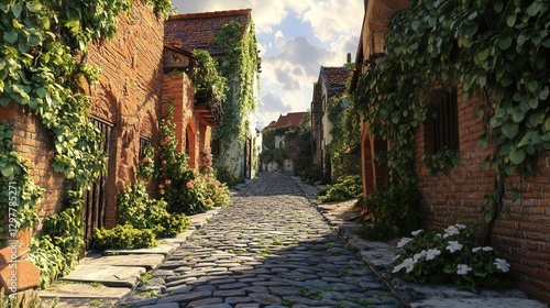 charming cobblestone street where ivy climbs brick walls in the spring