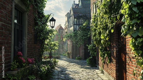 charming cobblestone street where ivy climbs brick walls in the spring