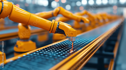 Robotic arms in solar energy cell production process factory setting industrial photography high-tech environment close-up view automation innovation
