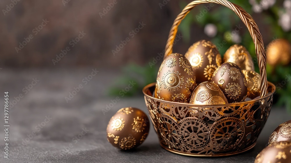 Obraz premium Easter egg basket in spring decoration Golden decorative eggs in an ornate basket on a textured surface.