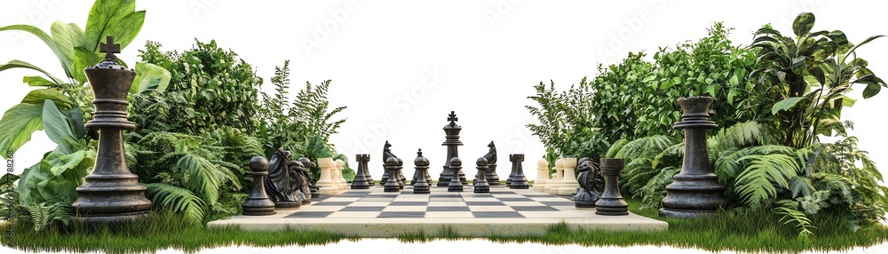 Chess pieces on a board surrounded by lush green plants, white isolate background. Chess pieces on a board surrounded by lush green plants, white isolate background.