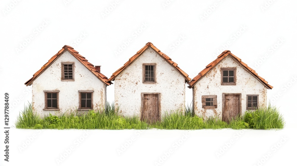 Rustic Decay: Three Dilapidated Houses Nestled in Overgrown Grass Against a Clean White Background, Conveying a Sense of Timelessn Rustic Decay: Three Dilapidated Houses Nestled in Overgrown Grass Against a Clean White Background, Conveying a Sense of Timelessn