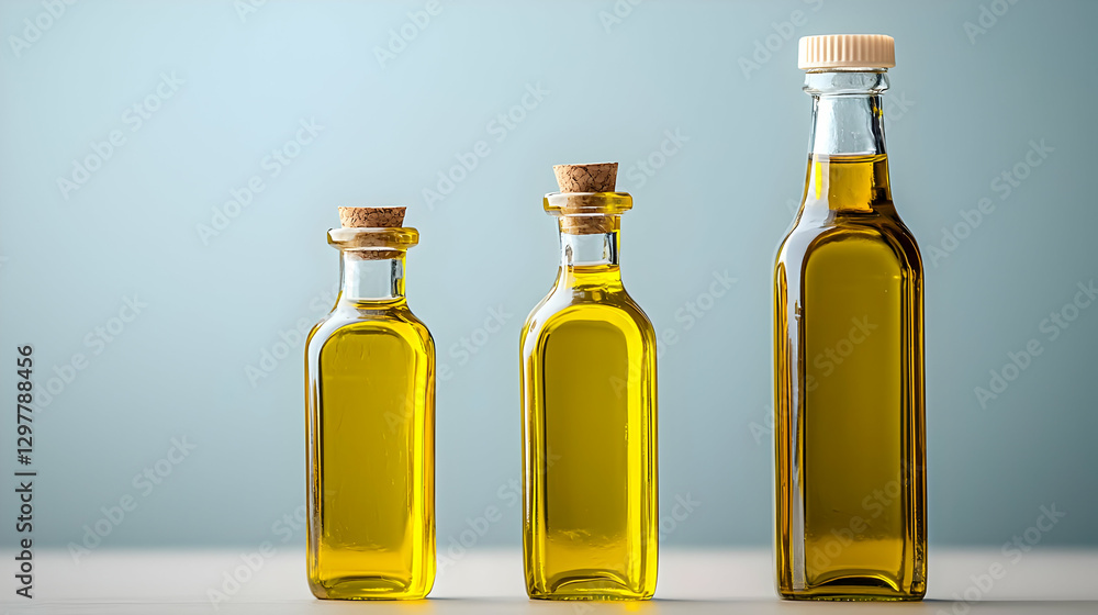 Three Glass Bottles Of Olive Oil With Cork Stopper On Tabletop Three Glass Bottles Of Olive Oil With Cork Stopper On Tabletop