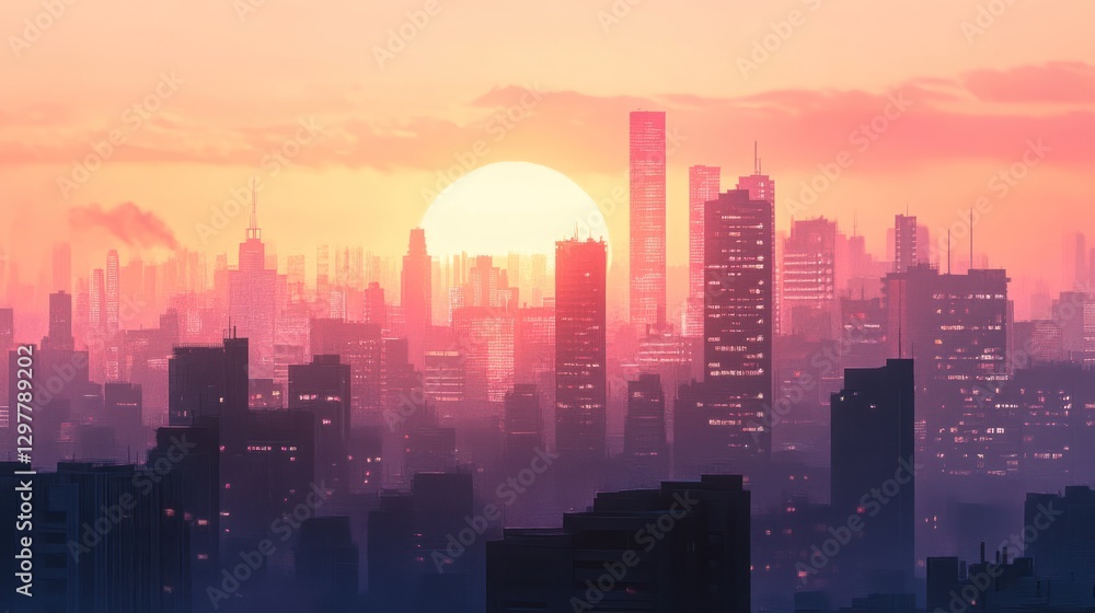 Fototapeta premium Urban Twilight, A dreamy cityscape bathed in warm sunset hues