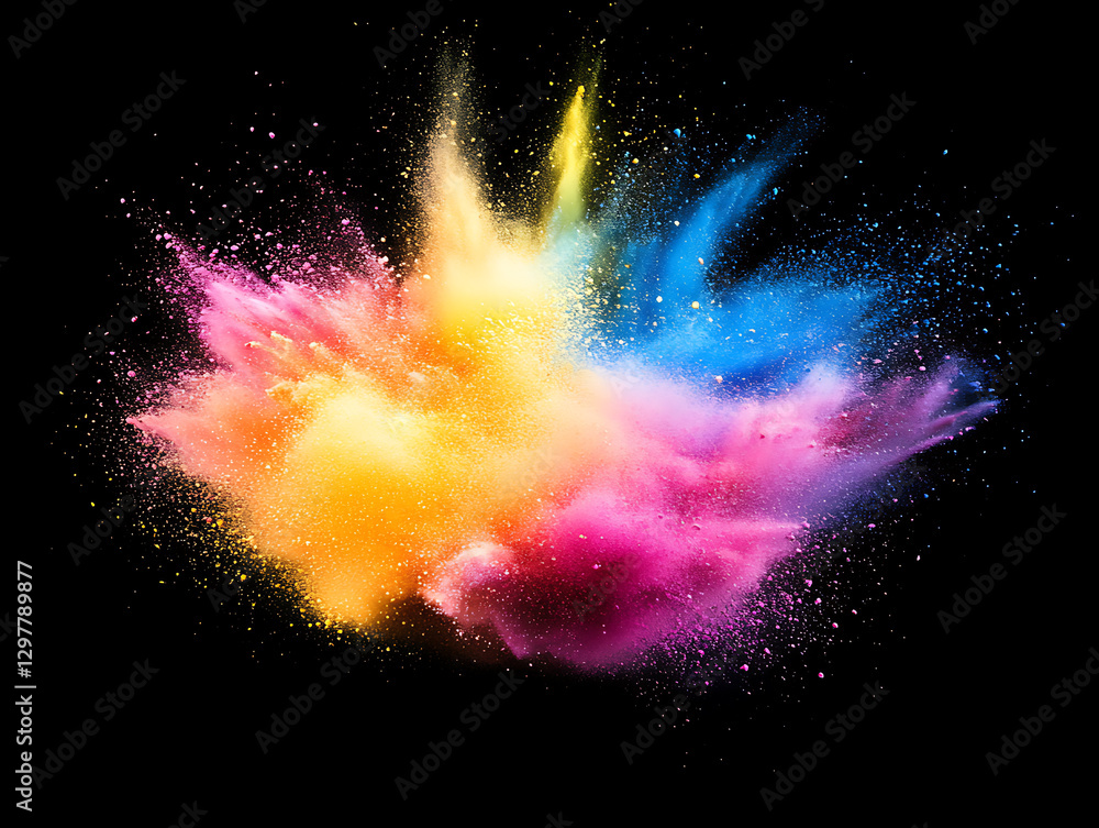 Naklejka premium Explosive colorful powder burst studio digital artwork black background close-up vibrant aesthetics