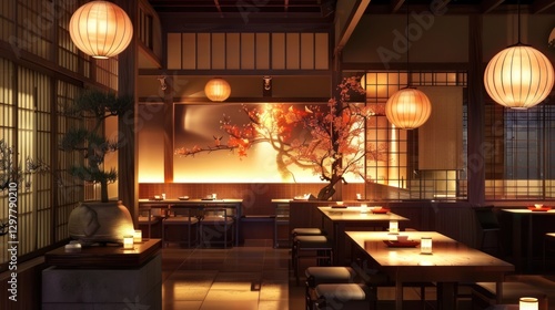 Japanese oriental restaurant room interior building decoration. AI generated image