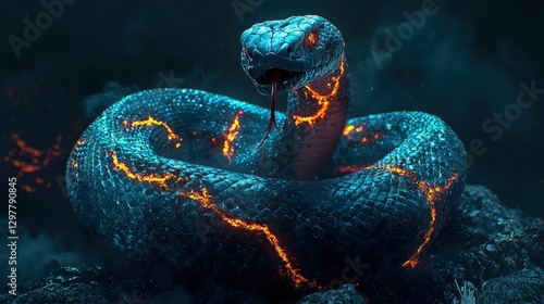 A blue and orange snake coils around rocks, its tongue sticking out in a menacing manner.