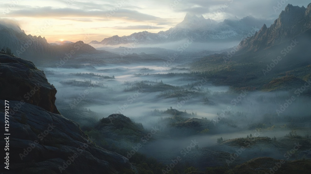 Mystical mountains veiled in ethereal fog, illuminated by dawn's first light Mystical mountains veiled in ethereal fog, illuminated by dawn's first light