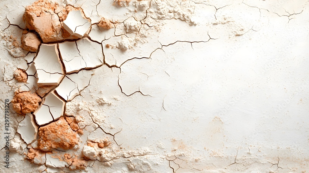 Naklejka premium Aerial view of a dried up riverbed with severely cracked and parched ground showcasing the devastating effects of climate change and water depletion