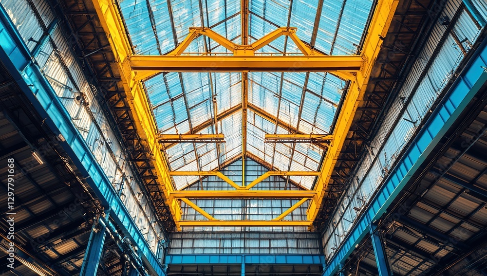 Industrial Building Interior with Yellow and Blue Steel Structure Industrial Building Interior with Yellow and Blue Steel Structure