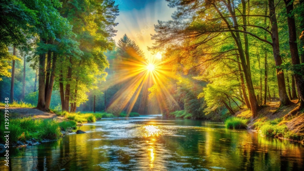 Drone Photography: Sunlit River Forest, Aerial View, Nature Landscape, Beautiful Scenery, Peaceful River, Sunlight Through Trees Drone Photography: Sunlit River Forest, Aerial View, Nature Landscape, Beautiful Scenery, Peaceful River, Sunlight Through Trees