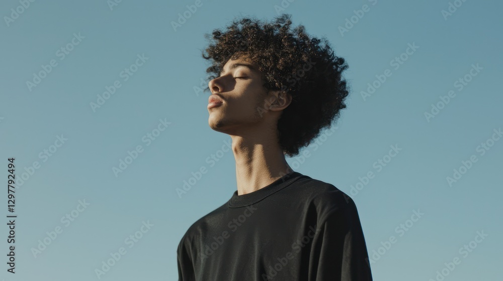 Obraz premium A model wearing a black shirt mockup, styled in a minimalist fashion