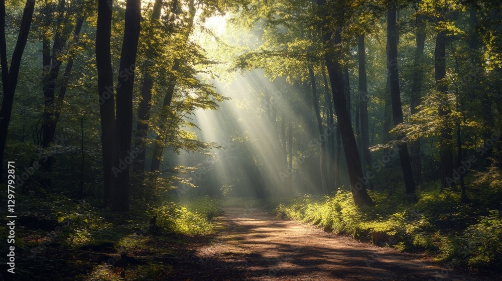Fototapeta premium Sun rays illuminating a path through the trees in a dense forest.