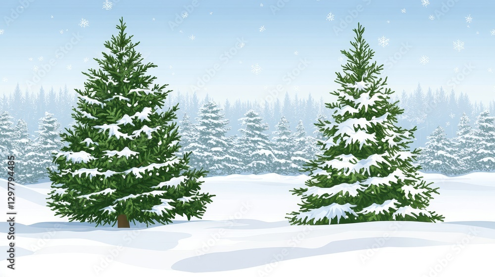 Fototapeta premium Wintery Pixelated Landscape with Evergreen Trees and Falling Snow creating a Festive Holiday Scene for Graphic Design Projects